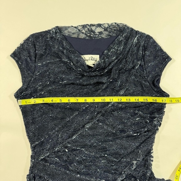Joseph Ribkoff Shirred Knee Length Sheath Dress Lace Overlay Blue - Picture 6 of 7